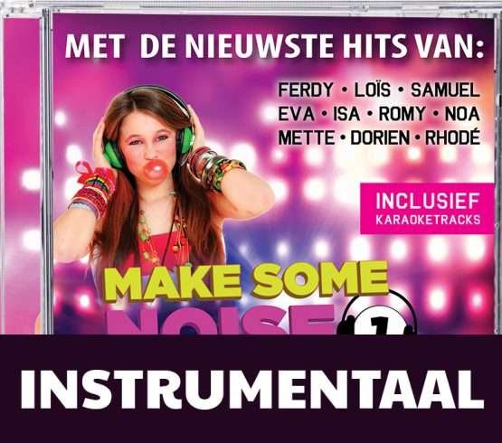 MSNK Albumhoes met een jonge vrouw met levendige make-up en kleurrijke accessoires, met tekst die de nieuwste hits promoot en inclusief karaoketracks, getiteld "MSNK 1 Instrumentaal". Christelijk Cadeautje voor Kinderen