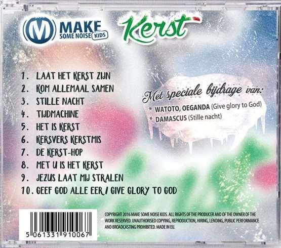 MSNK Cd cover voor "kerst" door MSNK cd 2, met een samengesteld, besneeuwd ontwerp en tracks vermeld in het Nederlands. Bevat speciale gast Christelijk Cadeautje voor Kinderen