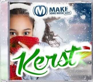 MSNK Cover van het MSNK cd 2-album met een jong meisje met een kerstmuts en een rode sjaal die naar buiten gluurt, met sneeuwvlokafbeeldingen en logo bovenaan. Christelijk Cadeautje voor Kinderen