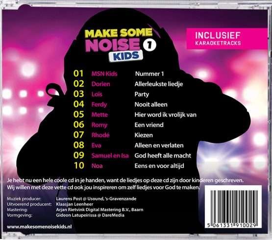 MSNK Deze afbeelding toont de achterkant van een cd met de titel "MSNK cd 1", met een lijst met tien nummers van verschillende artiesten, samen met streepjescodes, logo's en een opmerking over karaoke. Christelijk Cadeautje voor Kinderen