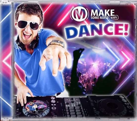 MSNK Een levendige DJ met zonnebril en koptelefoon gebaart opgewonden voor een mengpaneel, met levendige lichten en een menigte kinderen op de achtergrond onder de tekst "Make some noise kids dance! Christelijk Cadeautje voor Kinderen